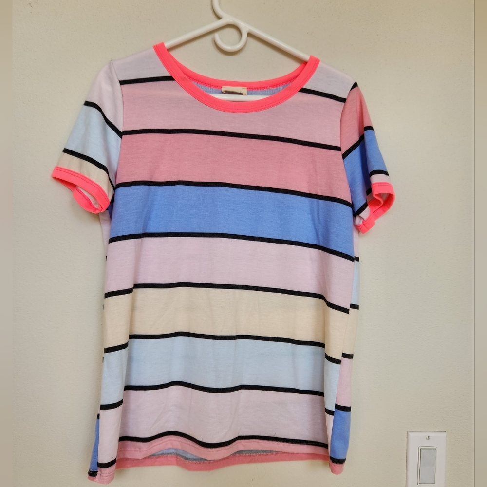 Large BiBi t-shirt, pink/blue/white stripes